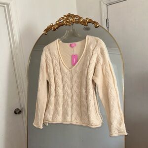 Edikted Cream V-Neck Oversized Cable Knit Sweater NWT